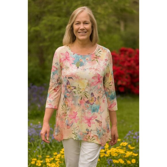 Catalog Favorites Tunic Top S Floral Butterfly Pastel Watercolor Boho Chic Artsy - Picture 1 of 9